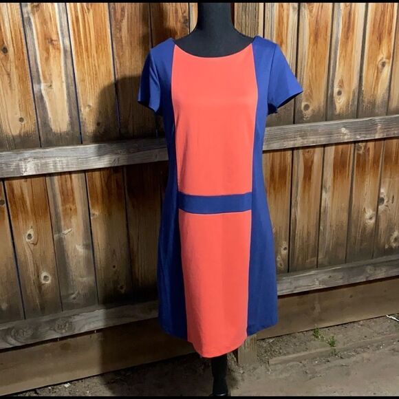 BCBGMAXAZRIA dress career sheath color block blue salmon Large FIRM on PRICE - Picture 1 of 4